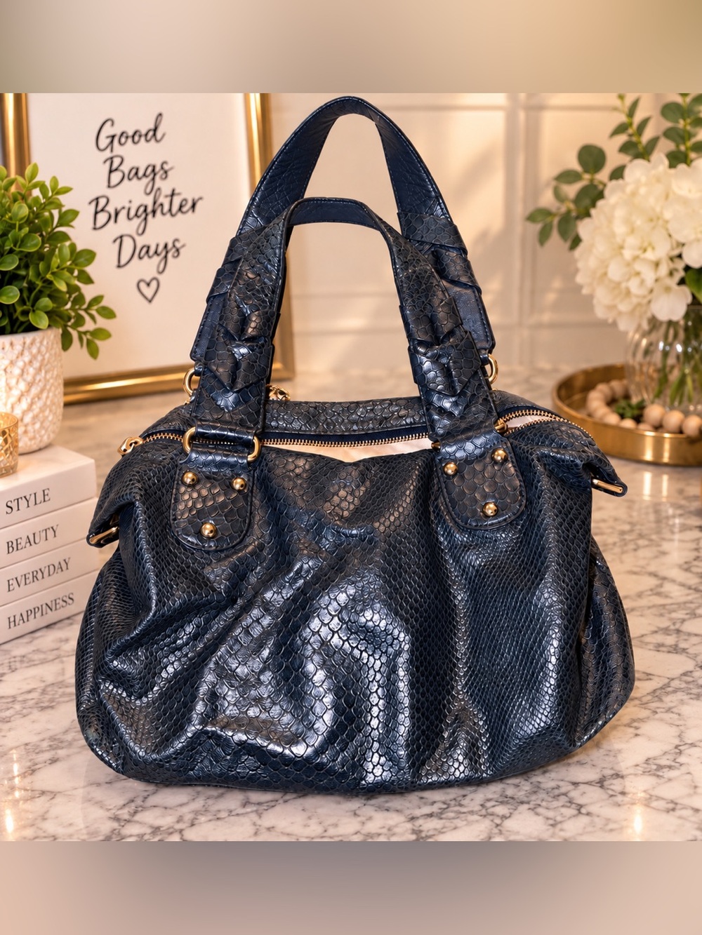 Cole Haan Navy Blue Embossed Leather Satchel | Gold Hardware | Large Handbag